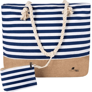 Malatec Velká plážová/pikniková taška v námořském stylu, modrá s bílými pruhy, polyester-bavlna + juta, 34x48x14 cm