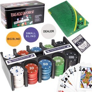 Iso Trade Kompletní Pokerový Set TEXAS s Kovovou Krabicí, Zelenou Hrací Podložkou a 200 Žetony