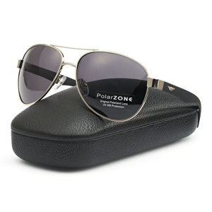 Pánské polarizační sluneční brýle Aviator, stříbrný rám, černé sklo, s pevným pouzdrem