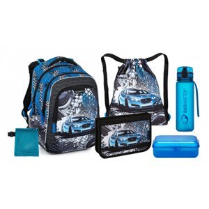 Velký školní set pro prvňáčky - modré auto  LUMI 23 D (batoh + penál + sáček na TV + box na svačinu + lahev + sáček na drobnosti)